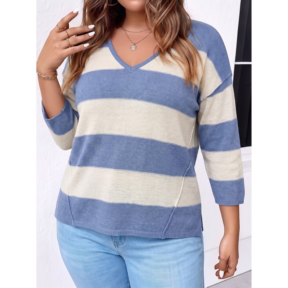 360 Cashmere V-Neck Sweater Womens Medium Blue Striped 3/4 Sleeve Knit